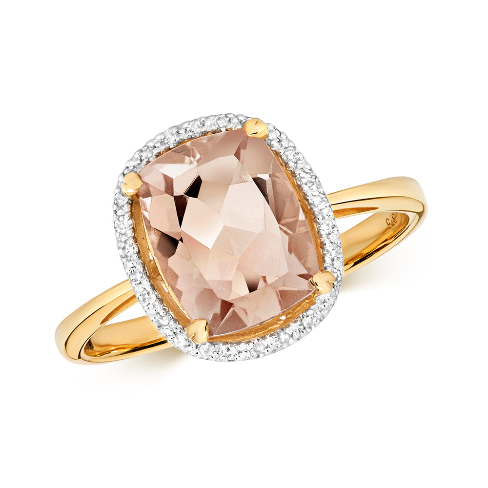 Morganite & Diamond Cushion Cut Ring, 9k Gold